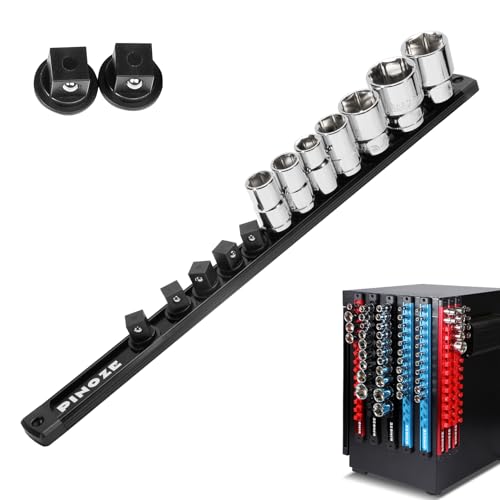 Image of Pinoze 1 /2 inch Magnetic Socket Holder Organizer - Aluminum Alloy Socket Rail Tray for Tool Box Drawer, Socket Rack with Extra 2Pcs Replacement Clips for Automotive Garage(Black)