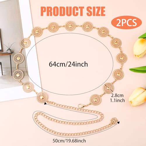 2Pcs Western Metal Concho Belt for Women, Hollow Out Adjustable Boho Waist Chain Western Chain Belt for Cowgirl Belts Dresses Jeans2