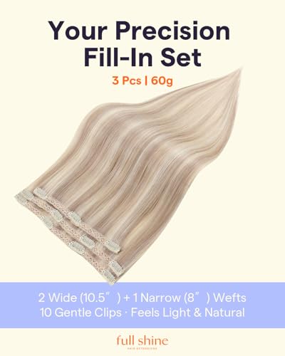 Image of Full Shine Blonde Hair Extensions Clip in Human Hair 60g | Highlights Ash Blonde, Hair Clip in Extensions, Lightweight, Easy to Wear, 3 Pcs 18 Inch