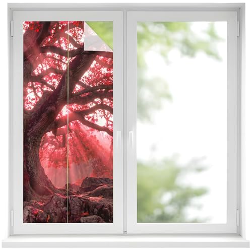 Frosted Window Privacy Film Heat Control, Red Trees Static Cling Door Coverings for French Door, Country Forest Branches Nature Light View 17.7"x 39.3"