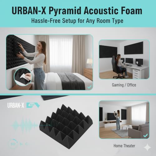 Image of URBAN-X Pyramid Acoustic Foam Panels 12 inch X 12 inch X 2 inch, 38 Kg /m High Density Soundproofing Studio Foam for Noise & Echo Reduction, Sound Absorption, 3D Design (Charcoal Black, Set of 9)