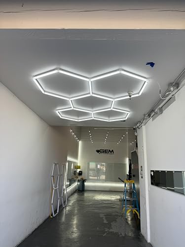 Generic Modern Hexagon LED Lights - Set of 5 Touch Control Aluminum Hexagon Ceiling Lights - Honeycomb Led Lights for Garage, Shops, Gyms, Basements – 4ft Wide, 8ft Tall (6500 Lumen), White