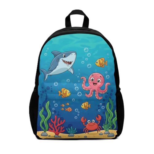 Mini Mochila Infantil Fundo do Mar, Tema Tubarão Polvo Peixe, Nylon 600 Resistente, 11 x 27 x 38 cm, Compartimento Principal e Alças Ajustáveis