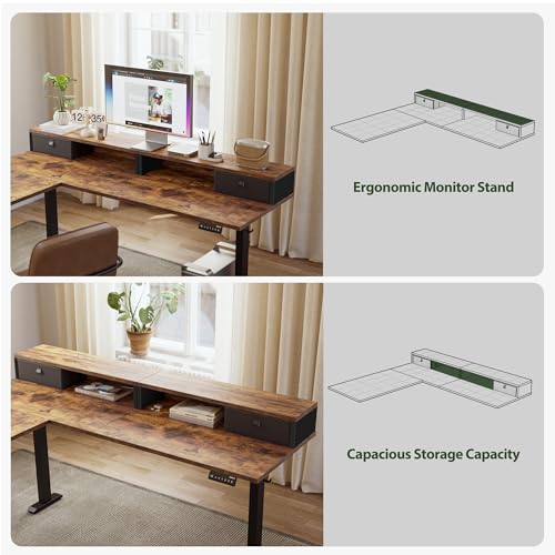 Image of Agilestic L Shaped Electric Standing Desk with 2 Drawers, 63 Inch Ergonomic Adjustable Height Desk with Storage, Corner Desk Sit Stand up Computer Table for Work Office Home, Rustic Brown