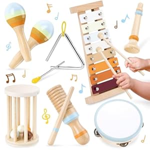 Funsland Instrumentos Musicales Infantiles, 7 Piezas Percusion Instrumentos Musicales Madera Set Bebe, Juguetes Montessori Educativo Musical para Bebés, Regalos para Niños de Navidad y Cumpleaños
