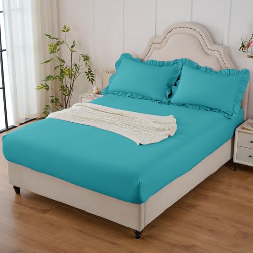 Image of Homiest 2-Pieces Ruffle Pillow Case & Fitted Sheet Set, Teal Blue Twin Sheets with Ruffled Pillow Shams, 15 Inch Deep Pocket, Cute & Coquette Microfiber Bed Set for Decorating Bedroom Hotel