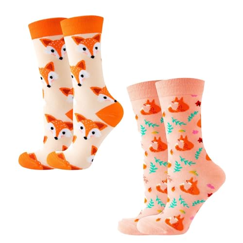 CVDYWDJIE 2 Pares De Calcetines De Zorro, Calcetines Lindos De Dibujos Animados, Calcetines De Mujer, Calcetines De Algodón De Pantorrilla, Calcetines Divertidos, Regalos Creativos