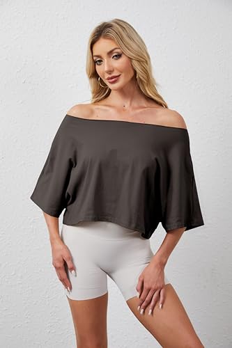 Off The Shoulder Tops Oversized Short Sleeve Crop Tee Shirt Casual Loose Workout T-Shirt 2025 Summer Fashion Clothes2