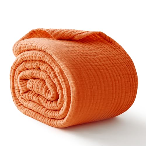 Image of 100% Cotton Muslin Blanket Large 50 inchx 70 inch, 6 Layers Breathable and Lightweight Cotton Throw Blankets for Couch, Soft Cooling Summer Gauze Blanket for Adults All Season, Orange