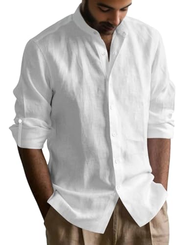 EndoraDore - Camisas de lino y algodón para hombre, casual, manga larga, ajuste regular, playera de verano para la playa de estilo hawaiano, blanco, M