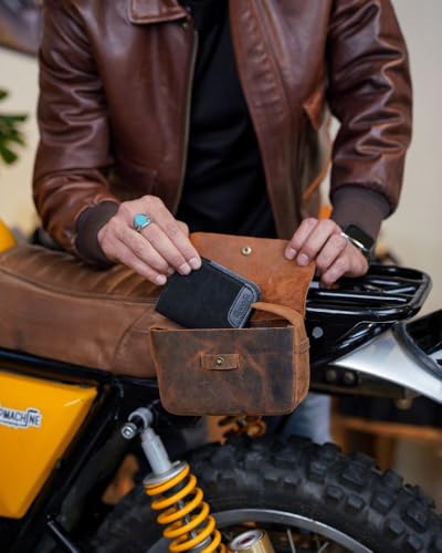 Image of Trip Machine Company Genuine Leather Motorcycle Front Handlebar Leather Bag | Moto Backrail Sidekick Pouch | Shoulder Bag | Fanny Pack (Mocha)