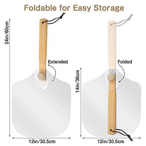 Aluminum Metal Pizza Peel, Pizza Spatula for Pizza Stone with Foldable Wood Handle Easy Storage Pizza Paddle for Baking Homemade Pizza Bread (12 Inch x 14 Inch)