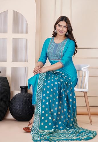 Image of Women's Silk Embroidered Kurta with Pant and Dupatta Set, Straight Style