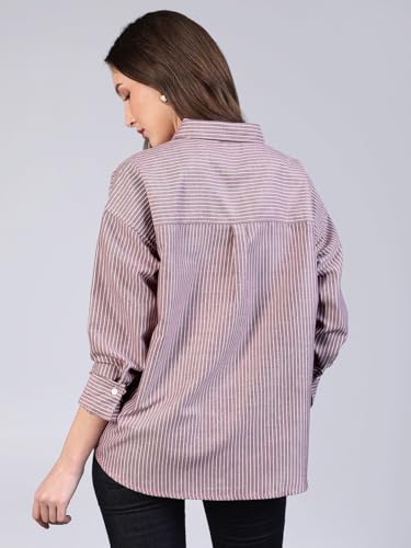Image of Urbano Fashion Women's Cotton Full Sleeve Oversized Fit Casual Striped Shirt with Spread Collar