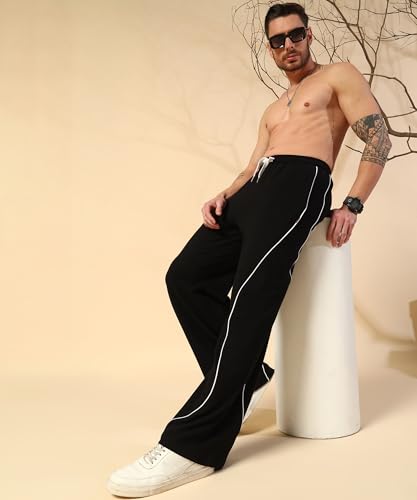 Image of POCKMAN Men Black & White Curve Pipping Wide Leg Comfort Joggers