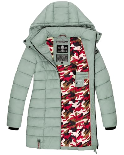 MARIKOO Damen langer Wintermantel warmer Steppmantel mit abnehmbarer Kapuze Abendsternchen Smokey Mint Gr. L