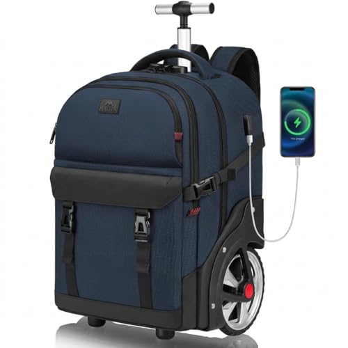 MATEIN Mochila con Rueda Adulto, Mochila Grande 50L Antirrobo Impermeable Hombre con Ruedas Ocultables Puerto de Carga USB y Compartimento Portatil 17 Pulgadas para Viaje, Trabajo, Universidad, Azul