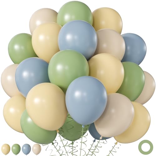 Sage Green Dusty Blue Yellow Balloons, 60Pcs 12 Inch Olive Green Dusty Blue Macaron Yellow Nude Balloons for Birthday Wedding Baby Shower Gender Reveal Wild One Party Deocrations