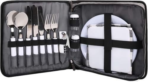 BRONZY Picnic Set Camping Cutlery Organizer Dinnerware Set - 24pcs Mess Kit,Portable Eating Set with Plates,Spoons,Knives,Wine Opener,Forks,Napkins (Grey)