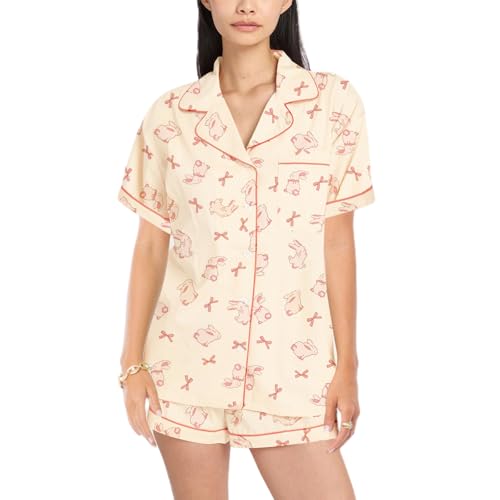 Villagepageme Women Bunny Easter Pajama Set Short Sleeve Button Down Shirt and Shorts 2 Piece Easter Day Outfit (US Alpha Large Regular Regular Yellow)