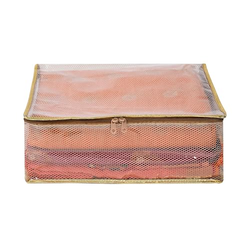 Image of Kuber Industries Pvc Pack Of 4 Saree Cover|Dress Packing Bags With Zip|Saree Pouches For Storage|Clothes Organizer For Wardrobe|Gold Lace|Transparent,30 * 22 Cm