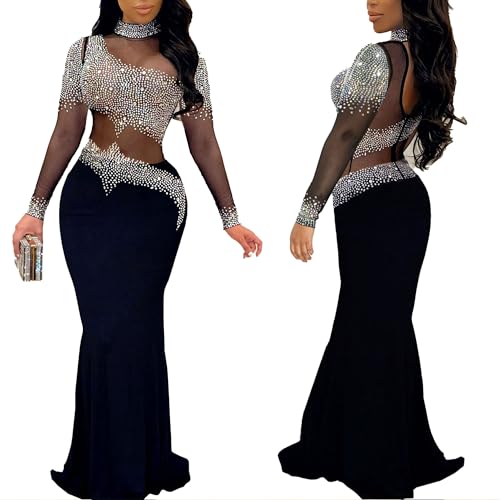Image of PORRCEY Women's Sexy Elegant Rhinestone Bodycon Dress Hot Drilling Clubwear
