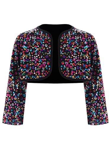 Aislor Kids Girls Boys Metallic Leopard Print Long Sleeve Short Cardigan Bolero Shrug Wedding Party Dress Cover Up