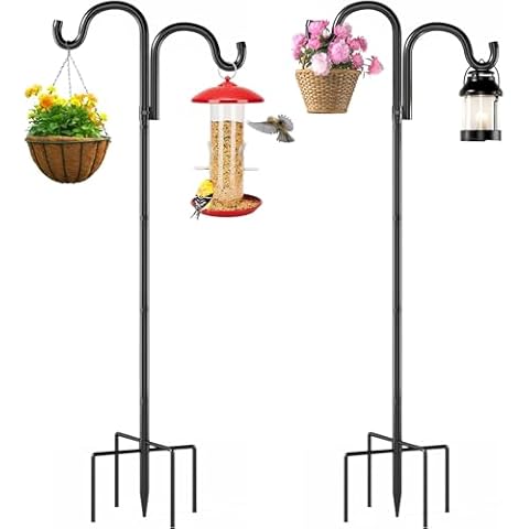 Surprizo Double Shepherds Hooks for Outdoor,76" Heavy Duty Bird Feeder Pole with 5 Prong Base, Adjustable Shepherds Hook for Bird feeders Outside, Garden, Weddings, Hanging Plants, 2 Pack, Black Cover