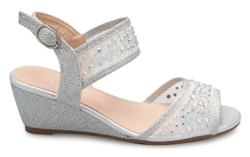 Image of Olivia K Girl's Peep Toe Rhinestone Ankle Strap with Adjustable Buckle Wedge Sandals - Adorable, Comfort, Casual