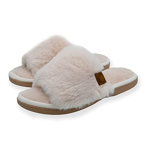 Onmygogo Furry Indoor Slippers for Women Open Toe with Memory Foam Soft Faux Fur Nonslip House Slippers(Natural M)