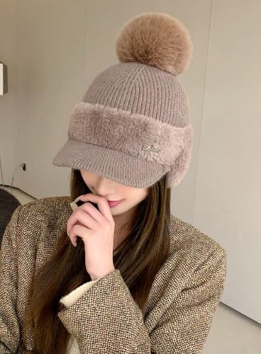 Knit Baseball Caps for Women Cute Beret Hats with Earmuffs Pompom Winter Warm Sweet Hats for Cold Weather2