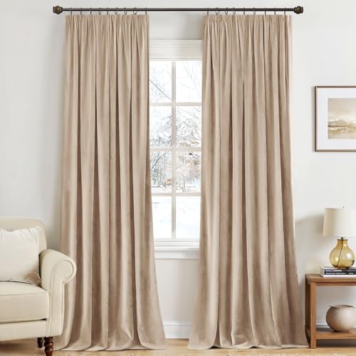 MIULEE Samtvorhang Kräuselband Blickdicht 2er Set Dunkelbeige 140x245cm | Samtvorhang schwer blickdicht, thermische Isolierung, Kräuselband, edler Look für Wohn- und Schlafzimmer