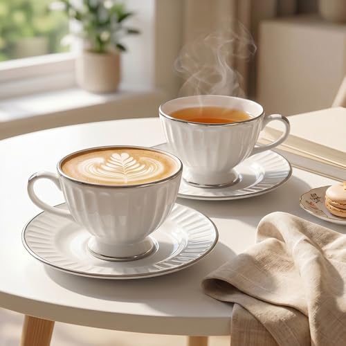 Image of U.P.C. Cup & Saucer Set of 12 Pcs | White & Silver Rim Embossed Bone China Tea Coffee Cup Set | Luxury Crockery | Gift for Home & Kitchen