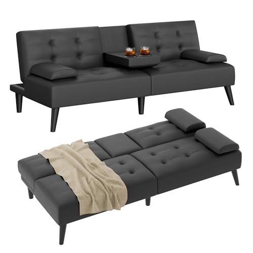 Image of Shintenchi Futon Sofa Bed, Leather Foldable Futon Couch, Reclining Sleeper with Removable Armrests, Upholstered Loveseat Sofa Couch with Folding Cup Holders for Home, Office(Black)