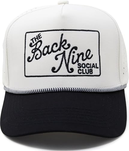 Funky Junque Golf Hat for Men - Performance Waterproof 5 Panel Rope Trucker Snapback Breathable Workout Cap - The Back Nine Social Club - Black/Beige