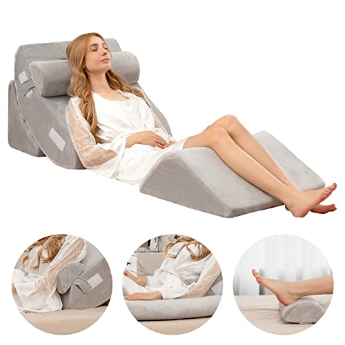 Giantex 4PCS Orthopedic Bed Wedge Pillow Set, Post Surgery Memory Foam Pillows for Sleeping, Adjustable Back, Neck, Arm, Leg Pain Relief Pillow, Sitting Pillow for Acid Reflux Heartburn (Grey)