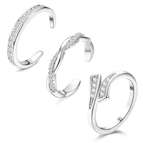 Fibo Steel 3 Pcs Toe Rings For Women 925 Sterling Silver Adjustable Toe Rings Open Cuff Toe Rings Cz Ring Band Rings Beach Foot Jewelry Set cover