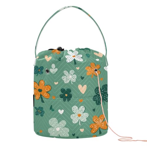 Image of ElliTarr Crochet Bag Yarn Bag with Handle Portable Knitting Project Bag Travel Yarn Storage Organizer Holder Case Green Shamrocks Hearts