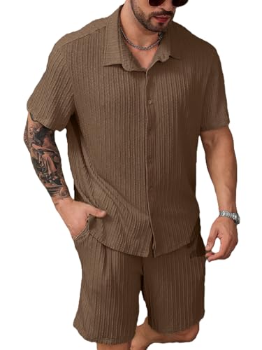 Zilcon Men Co-ord Outfits Short Sleeve Crew Neck Summer Shirt and Casual Track Shorts |Top & Shorts Night Suits | Night Wear for Men (Brown, L)