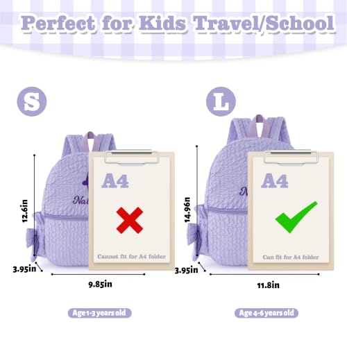 Image of 15inch Daycare Backpack Personalized Large Backpack with Name | Cute Purple Backpack for Age 4-6,Lightweight Quilted Fabric,Water Bottle Pockets with Bow,Custom Baby Gift,Embroidered Name