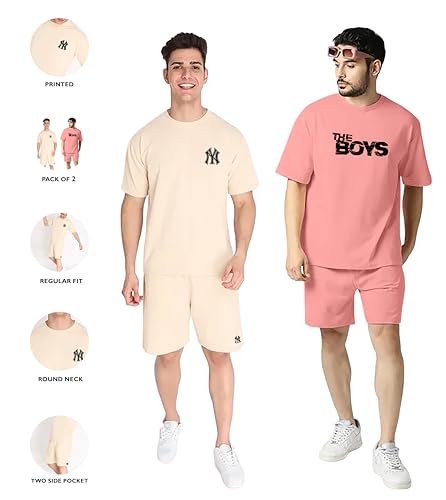Image of Zombom Combo of Men's Night Suit | Men's Co-ord Set | Lounge-wear Nightdress Pajama Set | Summer Night Wear | Solid Plain Casual Pajama Shorts Set | Beach Wear Pack of 2