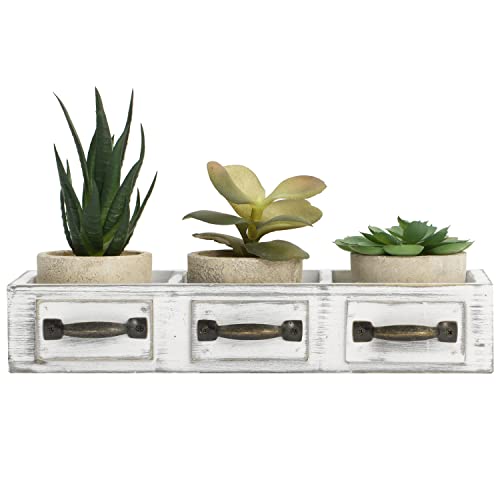 Mygift Assorted Small Artificial Succulent Plants In Round Pots With Vintage White Wood Drawer Design Box Tray With Decorative Handles #TOP5