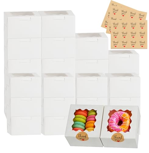 BONXAXK 26 Pcs Cookie Boxes with Window 4x4x2.5 Inches Small Cupcake Boxes White Treat Boxes with 36pcs Stickers for Cookie Dessert Pastry Donuts Strawberries Macaroon Candy Chocolate Cupcakes
