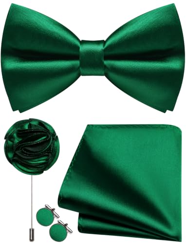 Image of Solid Color Bow Ties for Men Silk Pre-tied Tuxedo Bowtie Set 4PCS | Pre-tied in 3 seconds,adjustable 4PCS bow tie and pocket square cufflinks lapel pin set,wedding,formal,party,prom,graduation