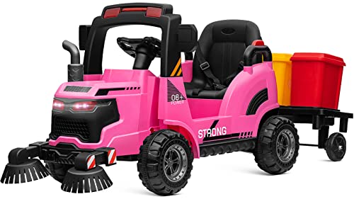 MOLACHI 12V Ride On Street Sweeper Truck, Ride on Car w/Remote Control,Electric 360 Degree Rotating Sweeping Brooms, Ideal Gift for Kids 3-7 Years Old, Pink