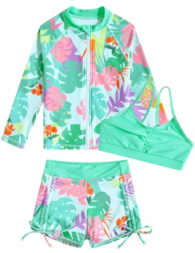 Image of Funnycokid Girls Swimsuit 3 Pieces Zip Rash Guard Bathing Suits Set Kids Bikini Boyshort Summer Swimwear 3-14 Years
