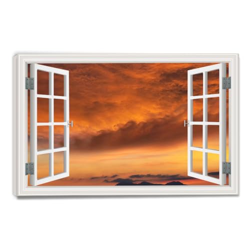 Tableau Toile Fenêtre Trompe-l'Œil Rouge 40x60 cm Paysage Montagne