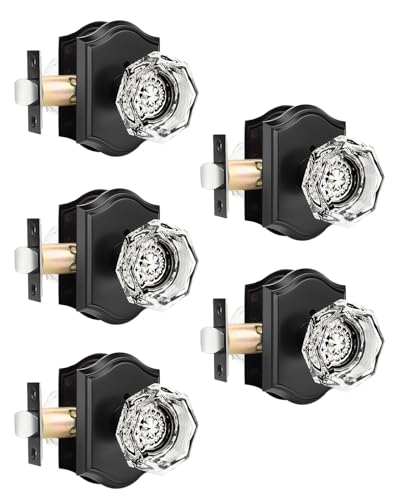 Gobrico Diamond Crystal Door Knobs with Lock,Antique Octagonal Interior Bed Bath Knobs Locksets,Matted Black Classic Arched Rosette,5 Pack