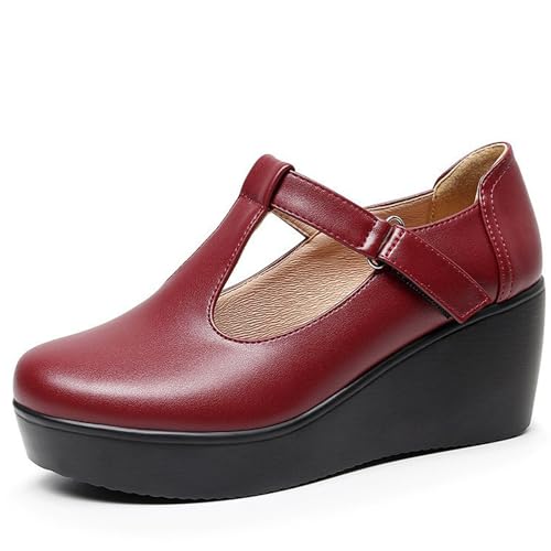 Women's Leather T-Strap Platform Wedge Mary Jane Shoes Comfort Round Toe Ankle Strap Non-Slip Casual Soft Cute School Dress Shoes for Work Outdoor Office
