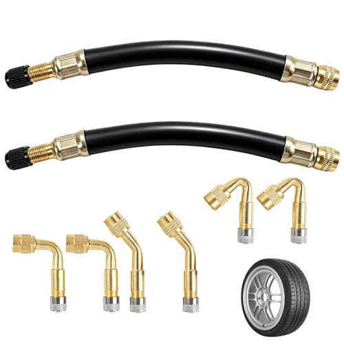 8 Piezas Extensiones de Válvula para Neumáticos, Adaptadores Angulares 45° 90° 135°, 2 Extensiones Flexibles de 180mm, Compatible con Bicicletas, Motos, Coches y Scooters con Válvula Schrader